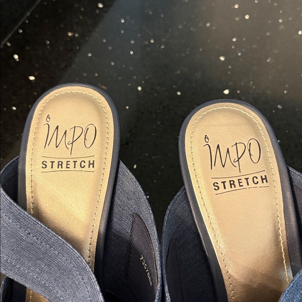 *Impo Denim Blue Stretch Wedges Sandals Mules Slides BOHO Beach Vacation - Picture 6 of 14